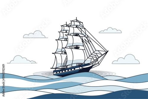 Illustration of a sailboat in the dark sea with another ship wreckage in front on a wavy ocean background with clouds