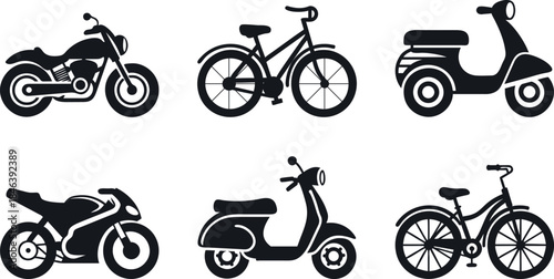 A collection of various two wheeled vehicles in black silhouette style