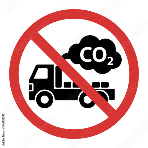 A red circular prohibition sign overlays a silhouette of a truck emitting carbon dioxide fumes, indicating a ban on emissions.