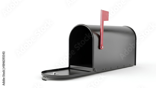 Classic American style black metal mailbox with an open door and raised signal flag