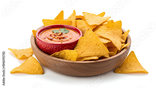 A delightful snack featuring crispy golden corn tortilla chips served with savory cheese dip