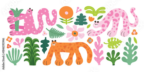 Stickers exotic tropical leaves and wild leopards, jungle plants, palm trees, monstera leaves and flowers. Set of vector jungle stickers in modern simple doodle style.