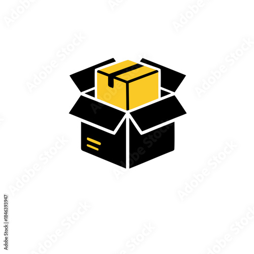 Open box with inner package, logistic delivery, shipping service icon, graphic illustration