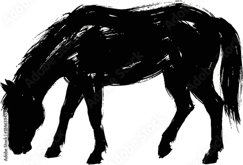 Grazing Horse Silhouette Asian Ink Art. Peaceful Black Brush Stroke Vector for Prosperity and Year of the Horse 2026