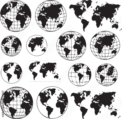 Create Globe icons, world map silhouette, black and white Earth and continents, global planet elements, geographic sphere world wide graphics for infographics, education on white background