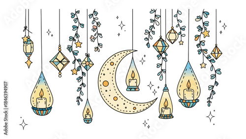 Celestial Lanterns and Moon: A mesmerizing illustration featuring a crescent moon and delicate lanterns. The gentle glow evokes a sense of wonder and enchantment. 