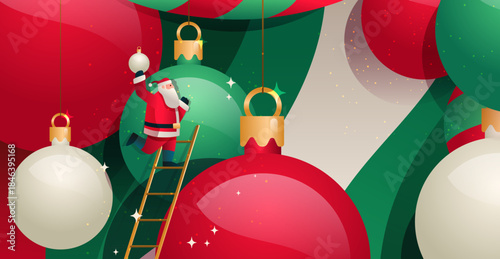 Santa Christmas decoration festive scene with ornaments Santa Claus on ladder hanging baubles red green gold sparkling background holiday concept
