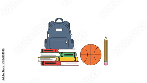 Backpack stacked with colorful books, basketball, and pencil for school