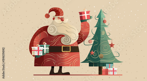 Santa Claus Christmas celebration holding gifts decorated tree snow background festive scene modern flat design