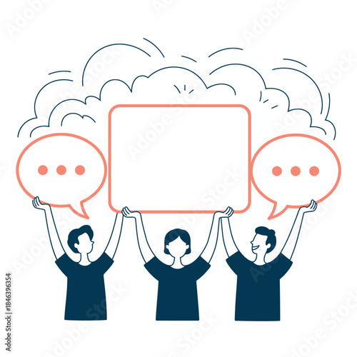 Three people hold up a blank sign with speech bubbles above their heads, representing communication.