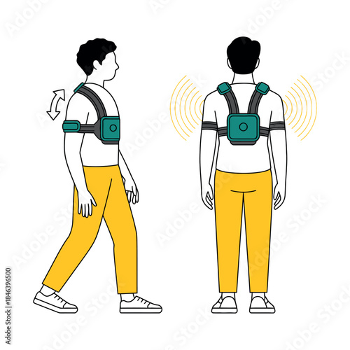 A person walks while wearing a chest-mounted device that monitors movement and emits signals.