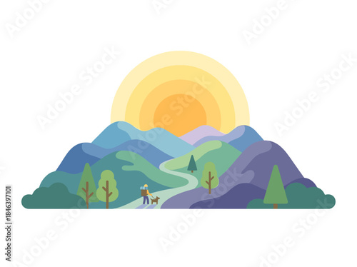 Person Hiking with Dog in Mountains.