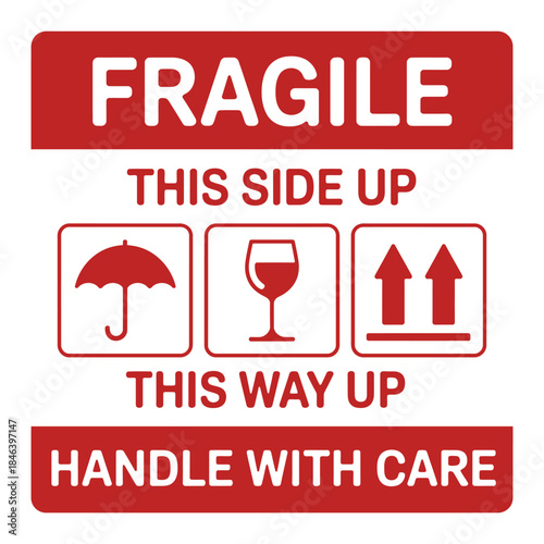Close up of a fragile handle with care label with umbrella wine glass and arrows symbols
