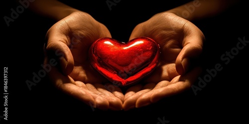 Warm caring hands offering a bright red heart.