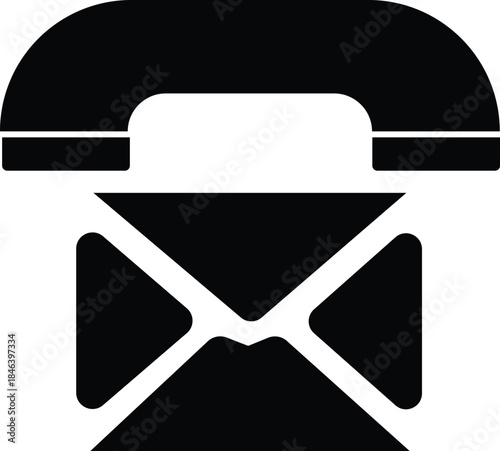 Black telephone handset over black envelope on white background black and white