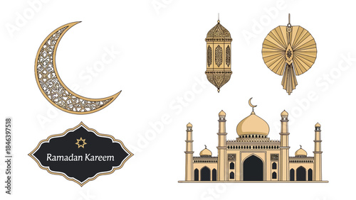 Ramadan Kareem Elements: A collection of traditional Ramadan elements, including a crescent moon, mosque, lantern, and decorative banner, symbolize the spirit of the holy month.