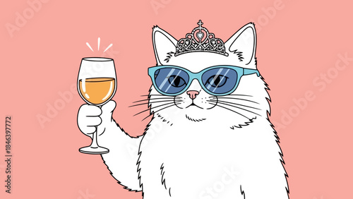 Feline Queen in Sunglasses and Tiara Holds Wine Glass with Joyful Expression