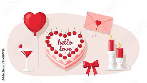 Valentine's Day Sweetheart Celebration: Heart Cake, Balloon, Cocktail, Candles, and Envelope