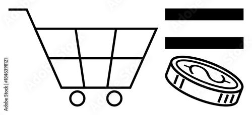 Shopping cart with equal sign and coin representing retail costs, purchase decisions, and trade. Ideal for finance, budgeting, ecommerce, investment, cost-efficiency, consumerism simple flat