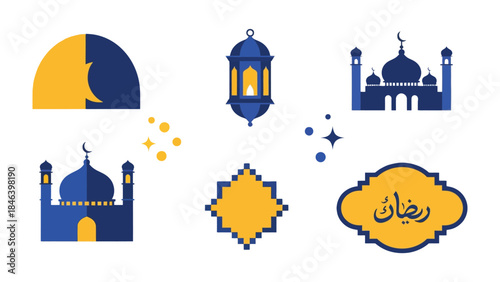 Ramadan Icons: A set of elegant icons, symbolizing the spirit of Ramadan, are meticulously crafted with geometric shapes, conveying the essence of the holy month.