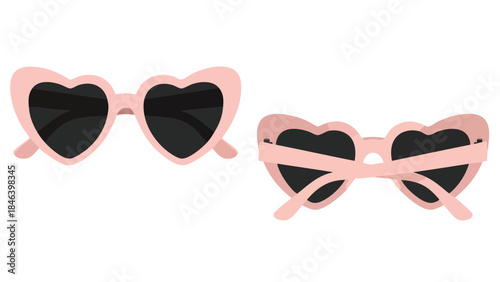 Delightful duo: A pastel pink heart-shaped sunglasses showcase on a pristine white canvas capturing front and back elegance