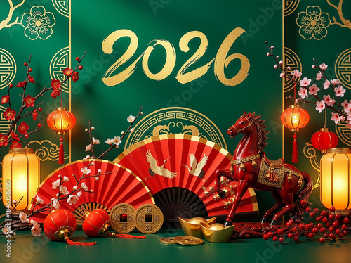 Festive Chinese New Year 2026 scene featuring a red horse statue, glowing lanterns, gold ingots, red fans, plum blossoms, and traditional coins on an elegant emerald green background.