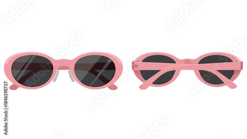 Whimsical eyewear presentation showing pink rounded sunglasses from the front and rear views against a clean backdrop, creating a delightful visual
