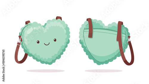 Adorable Heart-Shaped Mint Green Shoulder Bag with Cheerful Smiling Face and Adjustable Brown Straps for Trendy Style