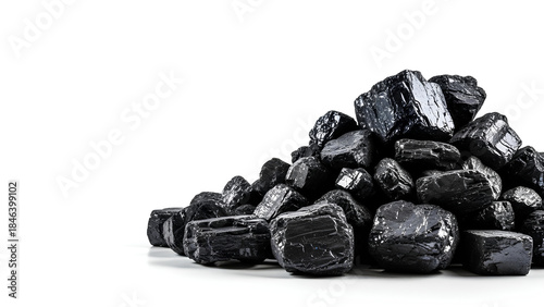 Large heap of dark black coal pieces isolated on a clean white background