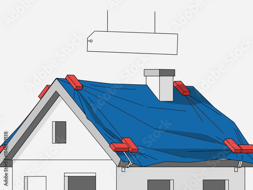 A blue house roof is temporarily patched with tarps and red clips. A sign reads 'Temporary Fix'. Simple, graphic illustration.
