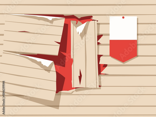 Close-up of damaged siding repair project. A torn section of wood siding with a red repair label. Bold, graphic style. Suitable for construction, renovation, or DIY themes.