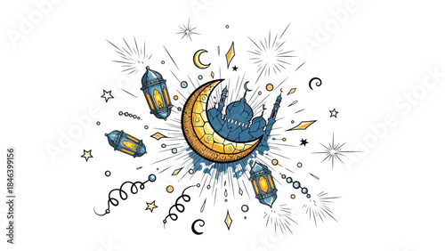 Celebrating Ramadan: Festive illustration of a crescent moon, mosque, lanterns, and stars radiates joy and spiritual reflection during the holy month.