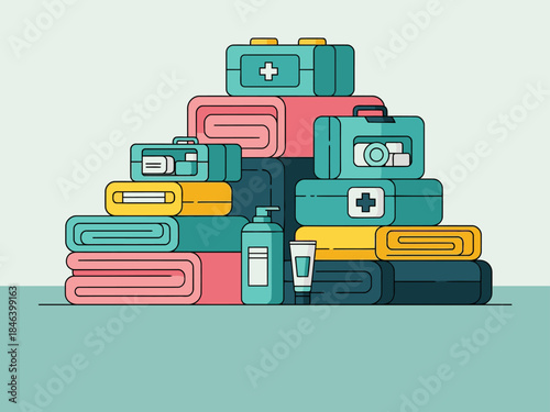 colorful stack of medical kits symbolizes emergency preparedness The layered design and bright colors create a visually appealing and informative graphic Perfect for health safety and wellness themes