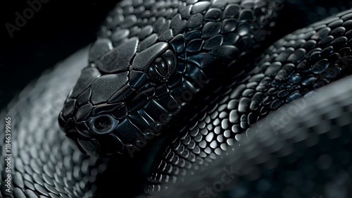 Snakeskin Pattern of a black snake's head and coiled body, showcasing the intricate texture of dark reptile scales in a dramatic close-up.
