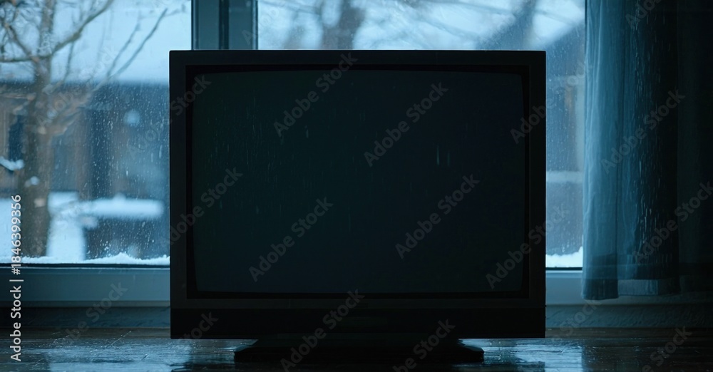 Fototapeta premium Old television sits before window. Snow falls outside, creating muted, cold atmosphere. Dim light emphasizes solitude.
