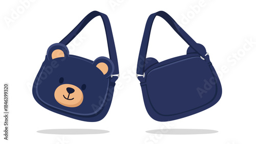 Charming Navy Blue Shoulder Bag Featuring a Cute Bear Face Design for Children and Young Fashion Enthusiasts