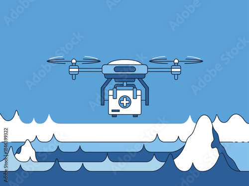 A futuristic drone delivers medical supplies over a melting glacier. Modern, clean design with a focus on disaster relief and technological advancement.  Bold blue and white color scheme.
