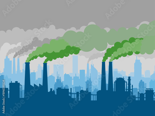Industrial cityscape shrouded in pollution. Factories emit plumes of smoke against a grey sky, highlighting urban impact. A strong, impactful visual.