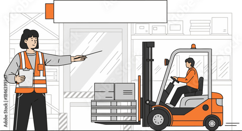 A female professional instructs a forklift operator with a clipboard, showcasing safety procedures in a warehouse setting. Bright, clear illustration.