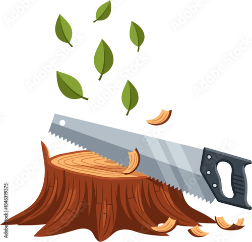 A saw cuts a tree stump, scattering wood chips. A rustic, detailed illustration evokes a sense of forestry and craftsmanship. Suitable for nature, woodworking, and tool themes.