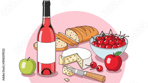 Still Life of Rose Wine Bottle, Bread, Cheese, Apples, and Cherries