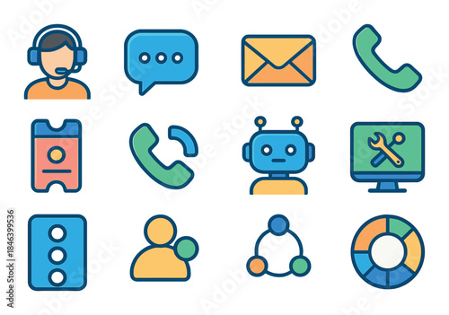 Colorful customer service icons featuring communication and support tools