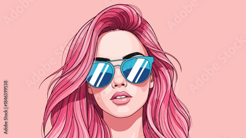 Stylish Woman with Vibrant Pink Hair and Blue Sunglasses, Vector Art Portrait
