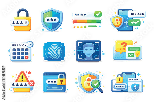 Digital security icons illustrating passwords, biometrics, and authentication