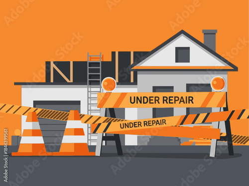 vibrant illustration depicts a house under construction cordoned off with caution tape and cones  Bold orange and white colors create a striking visual