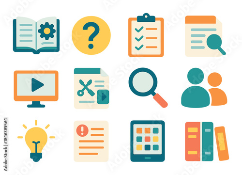 Colorful icons of education and office tools set against a blurred background