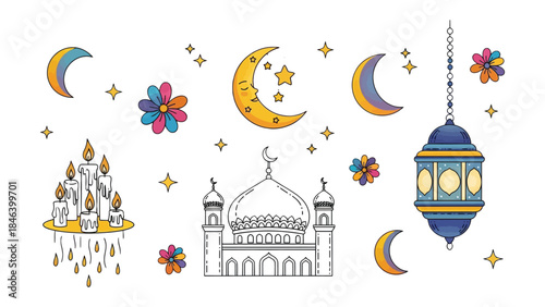 Islamic Culture Elements: Decorative illustrations that beautifully capture the essence of Islamic culture, featuring a mosque, crescent moons, lanterns, and candles.
