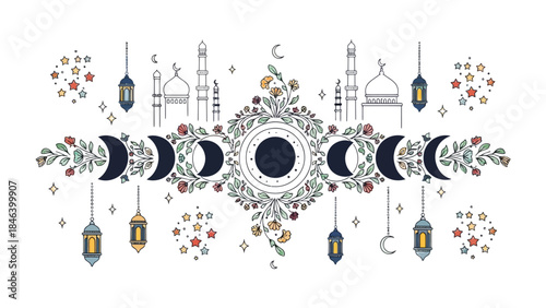 Mystical Celestial Illustration: An elegant graphic, a blend of celestial phases, crescent moon and geometric patterns evoke a sense of spiritual serenity.