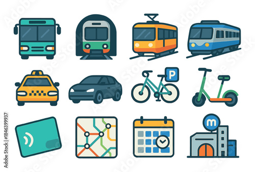 Urban transportation icons: bus, train, taxi, car, bicycle, scooter, metro, map, schedule