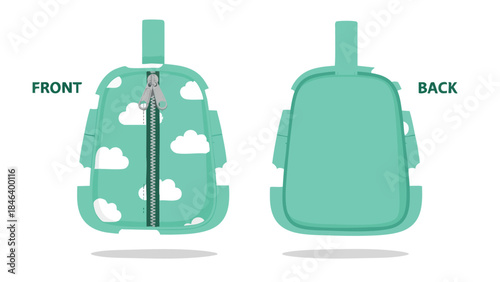 Front and back views of a whimsical teal backpack with cloud patterns and a prominent zipper emphasizing its design and functionality